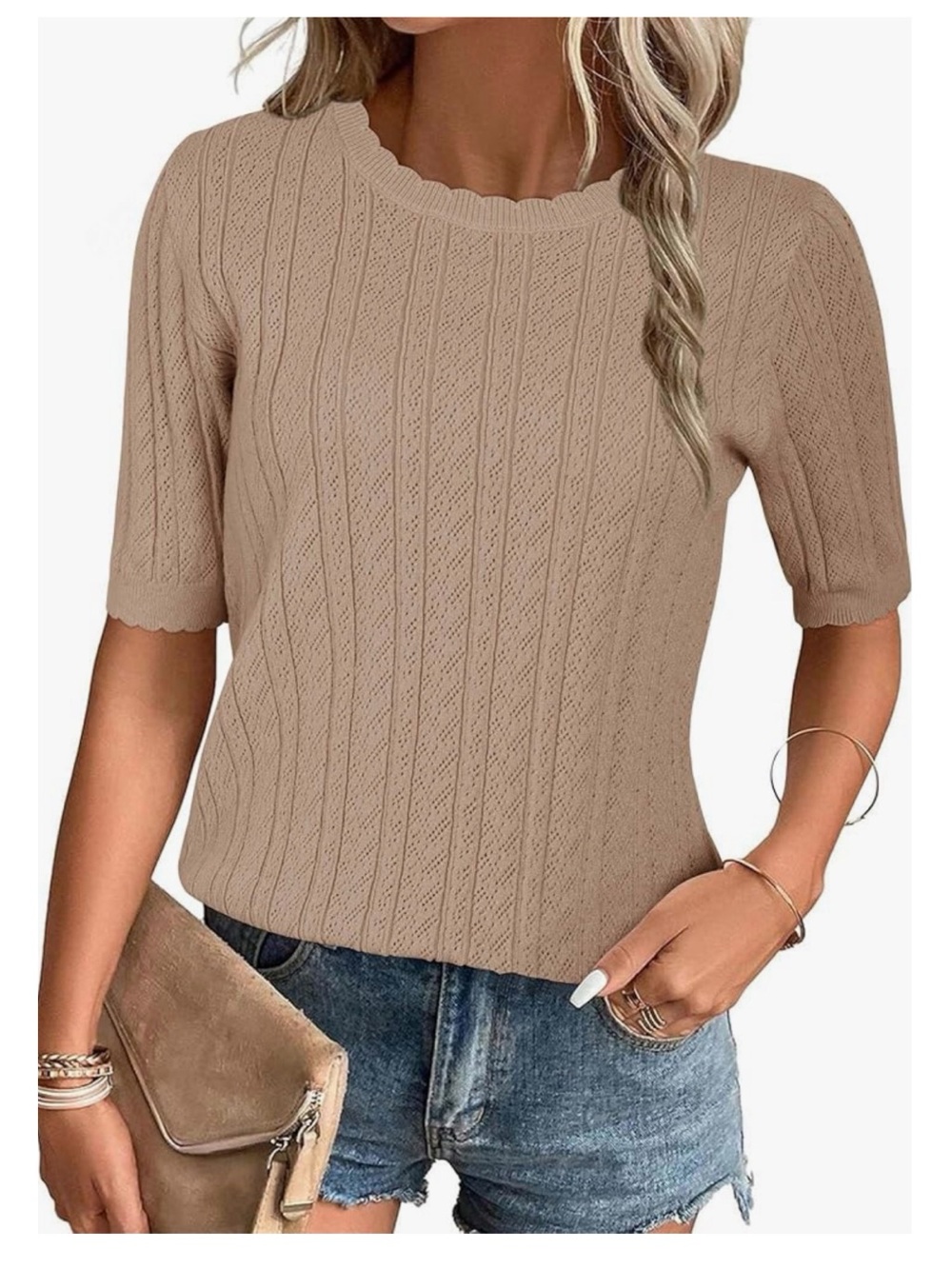 Amazon Beige Short Sleeve Scallop Knit Top • Small